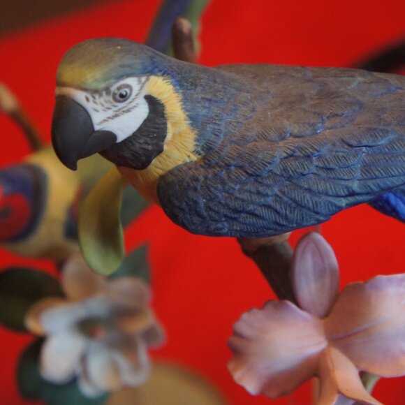 Franklin Mint porcelain African parrot set. On long crystal glass stem - Picture 6 of 9